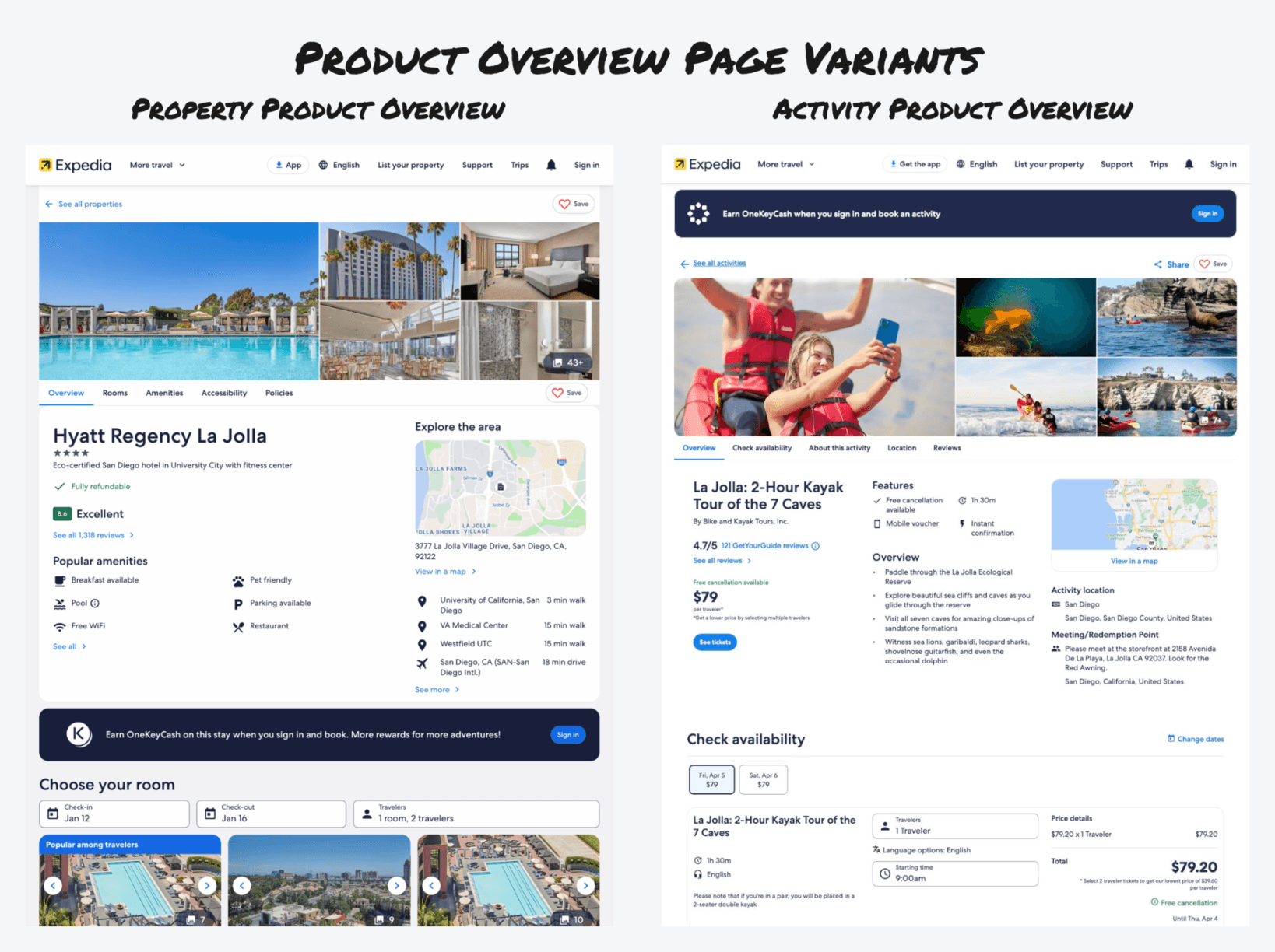 Side-by-side comparison of a Property Product Overview page (Hyatt Regency La Jolla) and an Activity Product Overview page (La Jolla 2-Hour Kayak Tour) on expedia.com